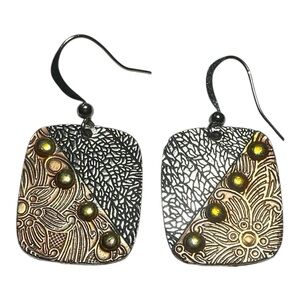 Artisan Two-Tone Floral Brass and Silver Drop Earrings